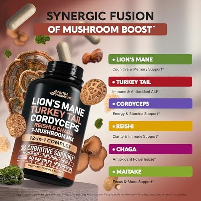 NUTRAHARMONY Mushroom Supplement - Organic Lions Mane | Turkey Tail | Chaga | Cordyceps | Reishi | Maitake | Shiitake | Meshima | Tremella | Oyster | Agaricus - Made in USA - Non GMO, Gluten Free - 60 Capsules - Image 4