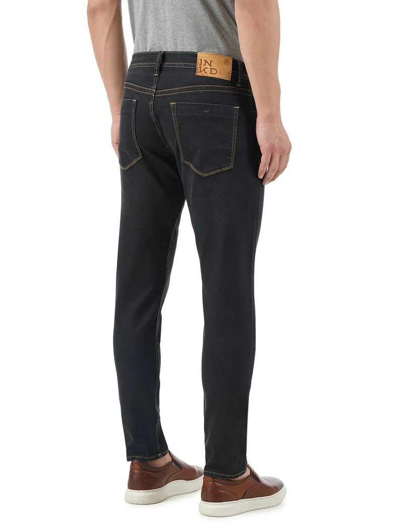 Inkd BLACK - Super Black Men's Slim Fit Jeans - Mid-Rise | Cotton Blend | Contrast Stitch | Stretchable Fabric | Classic 5 Pocket Styling for Men | Best Price UAE