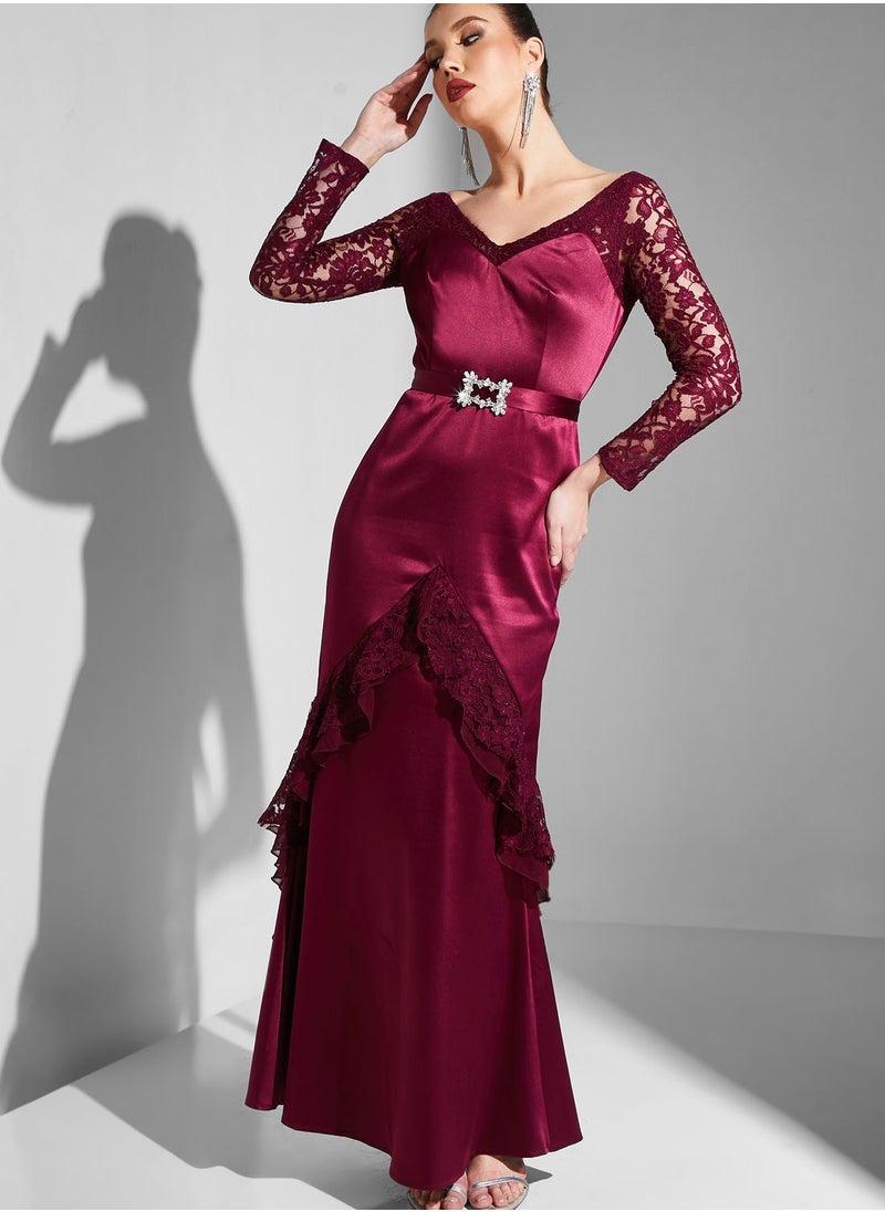 Iyra Embellished Belted Lace Detail Dress  - Image 1