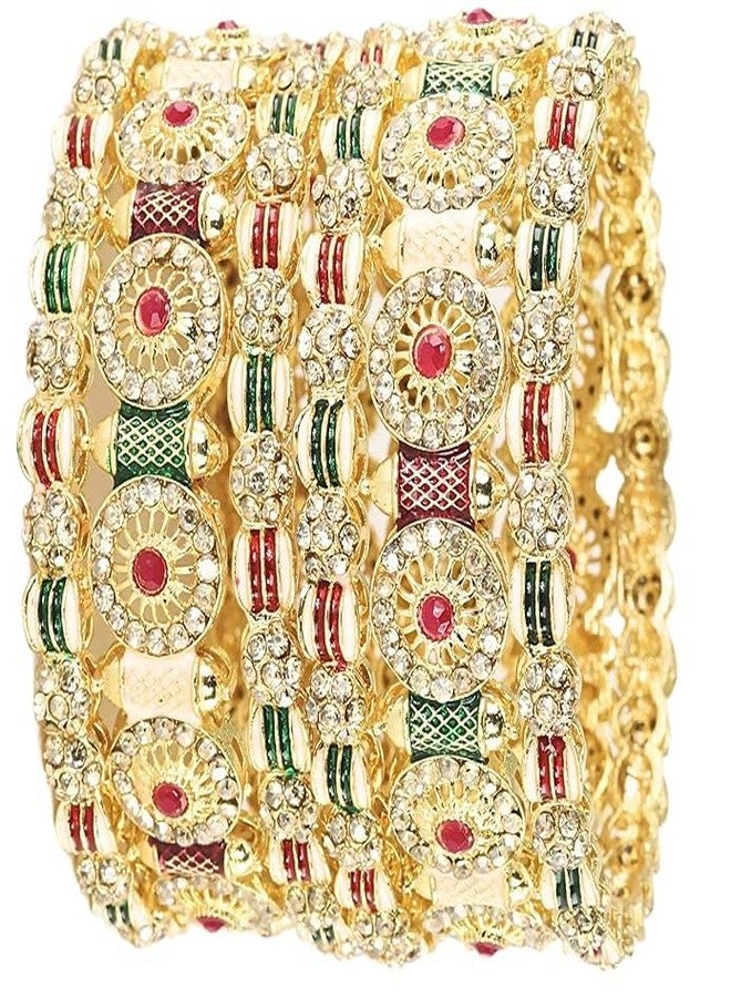 BANGLESKART Golden Metal Bangles Set For Women & Girls Adorned with Red & Gold Zircon Diamonds Traditional Rajwadi Style Kangan Girls' Bangles For Wedding, Party, Occasion Set of 6 Bangle Multi - Image 1