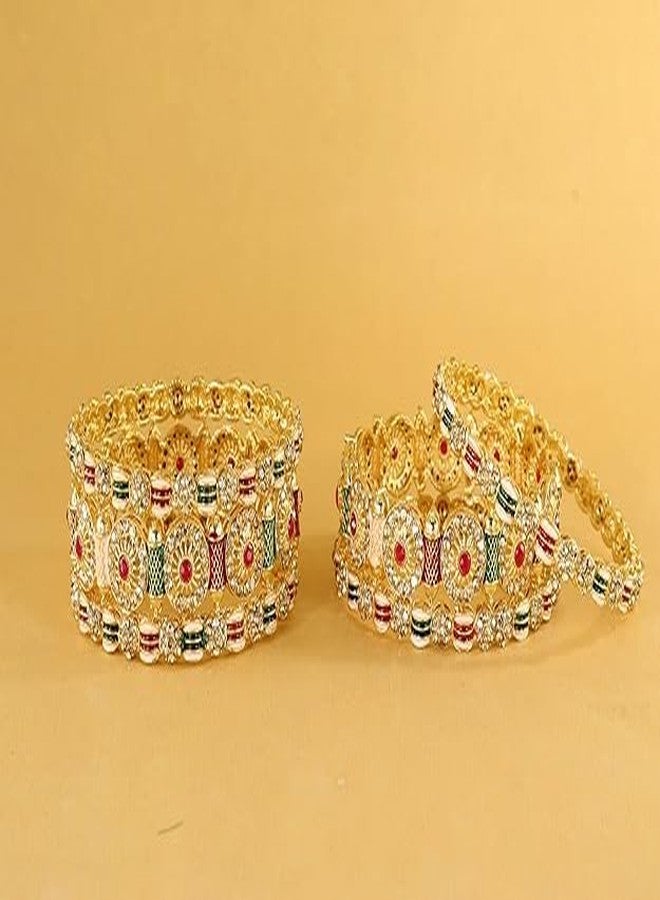 BANGLESKART Golden Metal Bangles Set For Women & Girls Adorned with Red & Gold Zircon Diamonds Traditional Rajwadi Style Kangan Girls' Bangles For Wedding, Party, Occasion Set of 6 Bangle Multi - Image 2