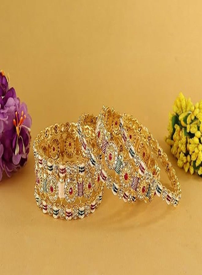 BANGLESKART Golden Metal Bangles Set For Women & Girls Adorned with Red & Gold Zircon Diamonds Traditional Rajwadi Style Kangan Girls' Bangles For Wedding, Party, Occasion Set of 6 Bangle Multi - Image 3