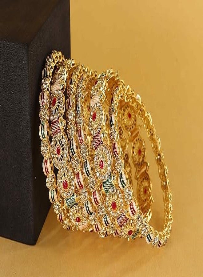 BANGLESKART Golden Metal Bangles Set For Women & Girls Adorned with Red & Gold Zircon Diamonds Traditional Rajwadi Style Kangan Girls' Bangles For Wedding, Party, Occasion Set of 6 Bangle Multi - Image 4
