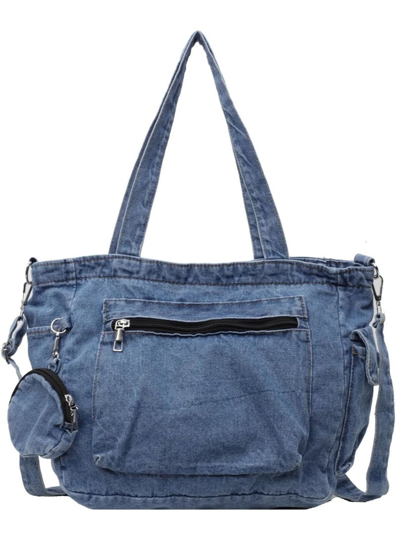 SOLARAE Denim Tote Bag, Women Tote Bags, Canvas Tote Bag, Large Hobo Crossbody Bag, Casual Reusable Work Totes, for Work Beach Lunch Travel, Shopping, Shopper (Denim Blue) - Image 1