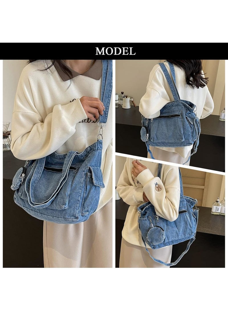 SOLARAE Denim Tote Bag, Women Tote Bags, Canvas Tote Bag, Large Hobo Crossbody Bag, Casual Reusable Work Totes, for Work Beach Lunch Travel, Shopping, Shopper (Denim Blue) - Image 3