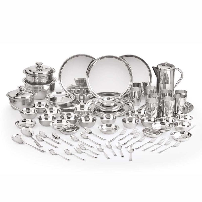 Neelam Neelam Stainless Steel 24 Gauge, Premium 81 Pieces Dinner Set, Ideal Gifting Dinner Set, Ideal for Special Occasions Like Anniversary, Wedding, Housewarming Party, Dishwasher Safe, Silver - Image 1