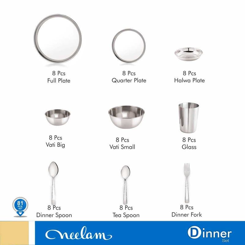 Neelam Neelam Stainless Steel 24 Gauge, Premium 81 Pieces Dinner Set, Ideal Gifting Dinner Set, Ideal for Special Occasions Like Anniversary, Wedding, Housewarming Party, Dishwasher Safe, Silver - Image 3