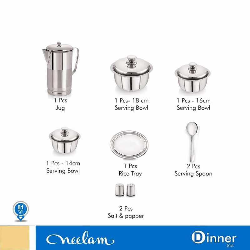 Neelam Neelam Stainless Steel 24 Gauge, Premium 81 Pieces Dinner Set, Ideal Gifting Dinner Set, Ideal for Special Occasions Like Anniversary, Wedding, Housewarming Party, Dishwasher Safe, Silver - Image 4
