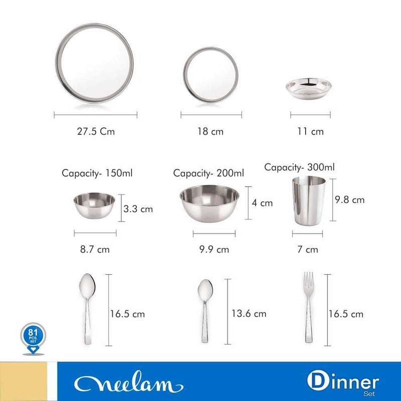 Neelam Neelam Stainless Steel 24 Gauge, Premium 81 Pieces Dinner Set, Ideal Gifting Dinner Set, Ideal for Special Occasions Like Anniversary, Wedding, Housewarming Party, Dishwasher Safe, Silver - Image 5
