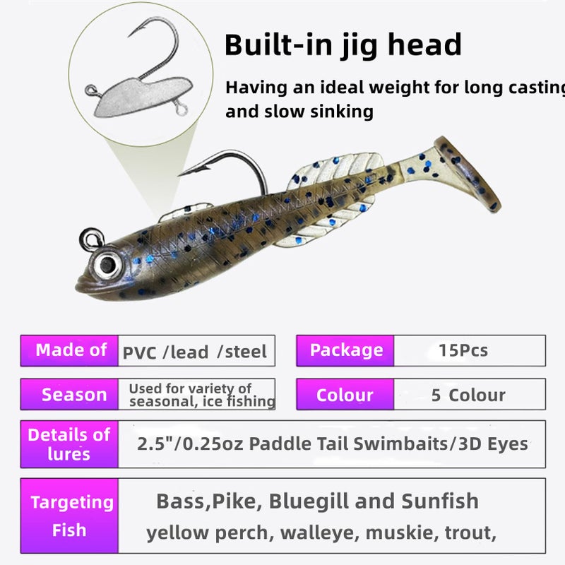DAMIDEL 15Pcs Pre-Rigged Jig Head Soft Mini Fishing Luresï¼Œ2.5"/0.25oz Paddle Tail Swimbaits/3D Eyes,Ice Fishing Jigs Lures Kit,Fishing Bait for Bass,Pike, Bluegill and Sunfish Freshwater Saltwater - Image 4