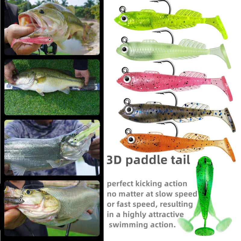 DAMIDEL 15Pcs Pre-Rigged Jig Head Soft Mini Fishing Luresï¼Œ2.5"/0.25oz Paddle Tail Swimbaits/3D Eyes,Ice Fishing Jigs Lures Kit,Fishing Bait for Bass,Pike, Bluegill and Sunfish Freshwater Saltwater - Image 5