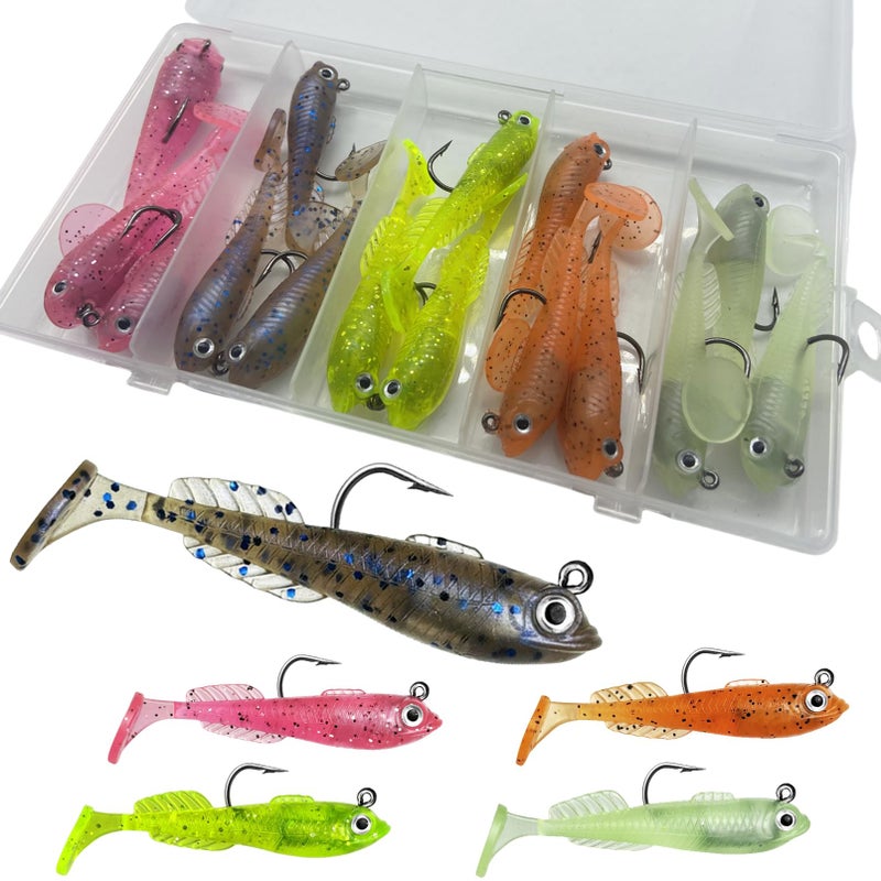 DAMIDEL 15Pcs Pre-Rigged Jig Head Soft Mini Fishing Luresï¼Œ2.5"/0.25oz Paddle Tail Swimbaits/3D Eyes,Ice Fishing Jigs Lures Kit,Fishing Bait for Bass,Pike, Bluegill and Sunfish Freshwater Saltwater - Image 1