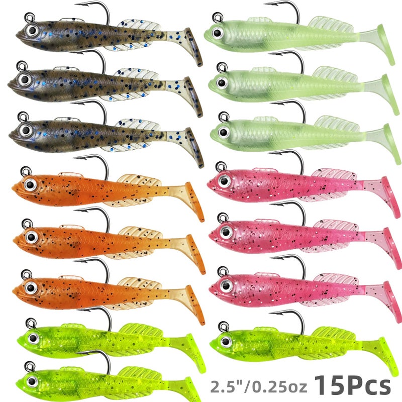 DAMIDEL 15Pcs Pre-Rigged Jig Head Soft Mini Fishing Luresï¼Œ2.5"/0.25oz Paddle Tail Swimbaits/3D Eyes,Ice Fishing Jigs Lures Kit,Fishing Bait for Bass,Pike, Bluegill and Sunfish Freshwater Saltwater - Image 2