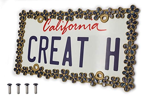 Creathome 3D Shining Daisy Wrenth License Plate Frame from Pure Zinc Alloy Metal Perfect Plate HolderMatt Gold with Black Glitter