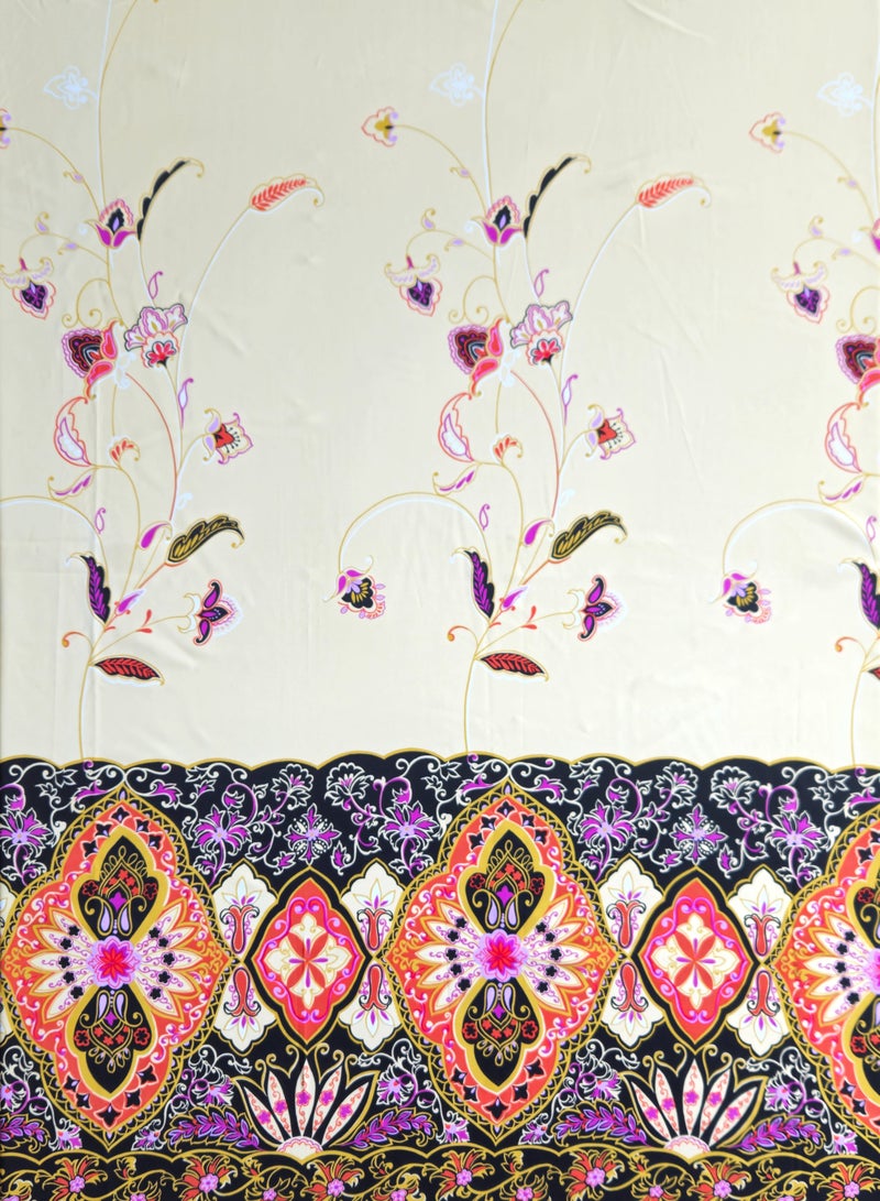 نسيج بوليستر حريري ياباني | 3.5 ياردة | لون كريمي مع طباعة كلاسيكية - Image 1