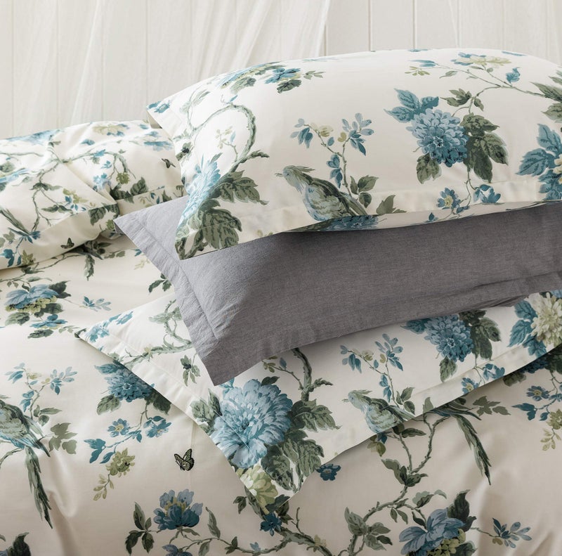 Eikei Exotic Modern Floral Print Bedding Birds Flowers Dusty Grey Design 100% Cotton Duvet Cover 3pc Set Hibiscus Blossom Branches in Muted Gray Blue (Super King, Egret White) - Image 2