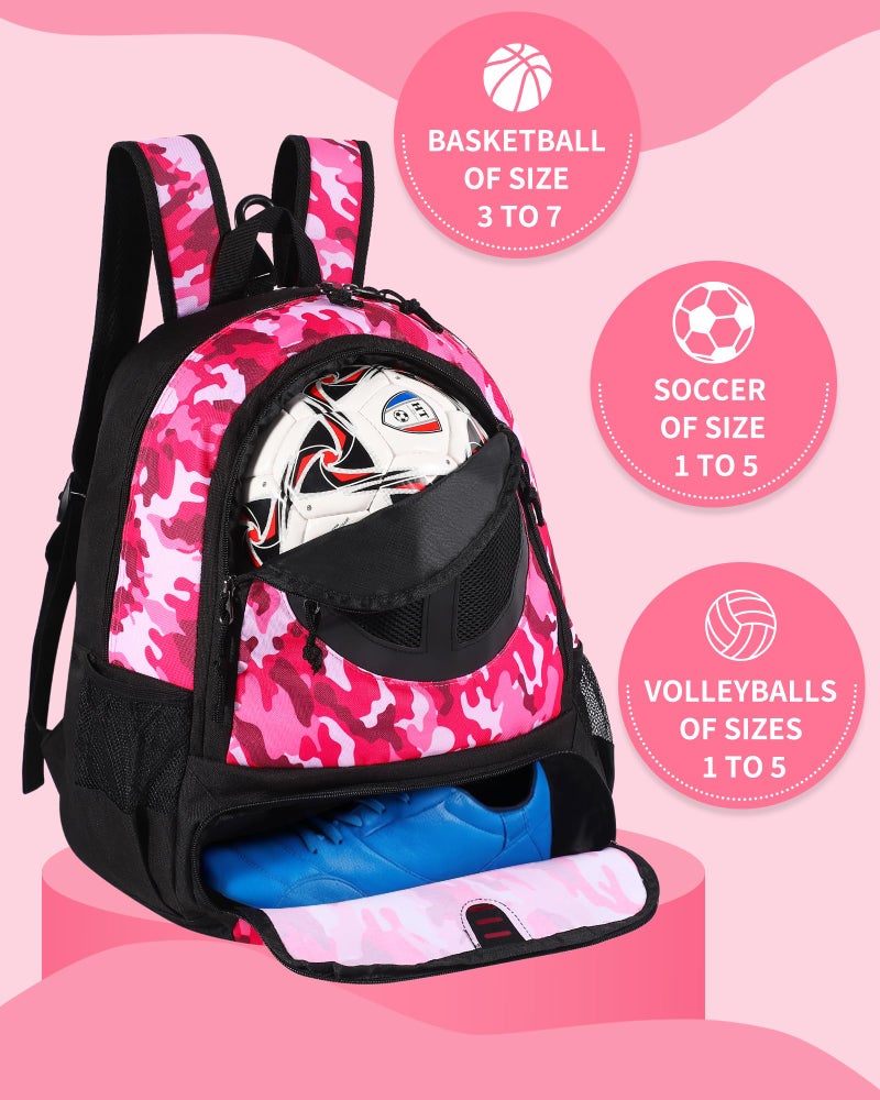 TRAILKICKER Basketball Bag Backpack for Women Men with Ball & Shoes Compartment 30L Capacity Lightweight Breathable Girls Boys Soccer Ball Bag Backpack Fit Volleyball Football Sports Travel School Gym Pink Camo - Image 4