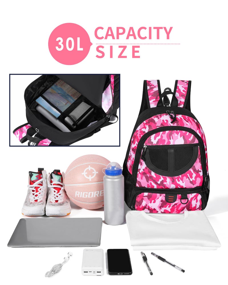 TRAILKICKER Basketball Bag Backpack for Women Men with Ball & Shoes Compartment 30L Capacity Lightweight Breathable Girls Boys Soccer Ball Bag Backpack Fit Volleyball Football Sports Travel School Gym Pink Camo - Image 3