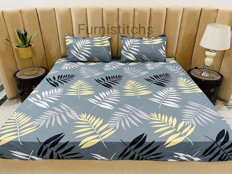 Magnetic Shadow King Size Bed Cover Elastic Fitted Bedsheet with 2 Pillow Covers (240 X 260 cms, Checkered Blue) (Grey Trees) - Image 5