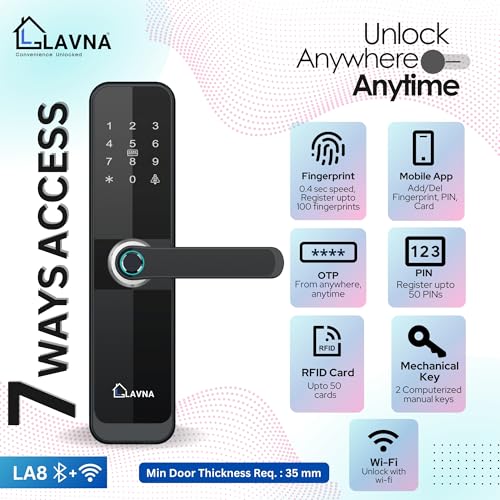 LAVNA Smart Wi-Fi Door Lock | 7 Way Unlock | Fingerprint, Mobile App, WiFi + Bluetooth, RFID Card, OTP, PIN and Manual Key Access with 5 Bolts for Wooden Doors (LA8) (WiFi) - Image 3