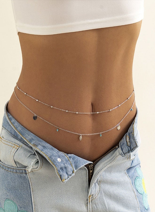 Simple tassel sequined double chain casual waist chain decoration-silver - Image 1