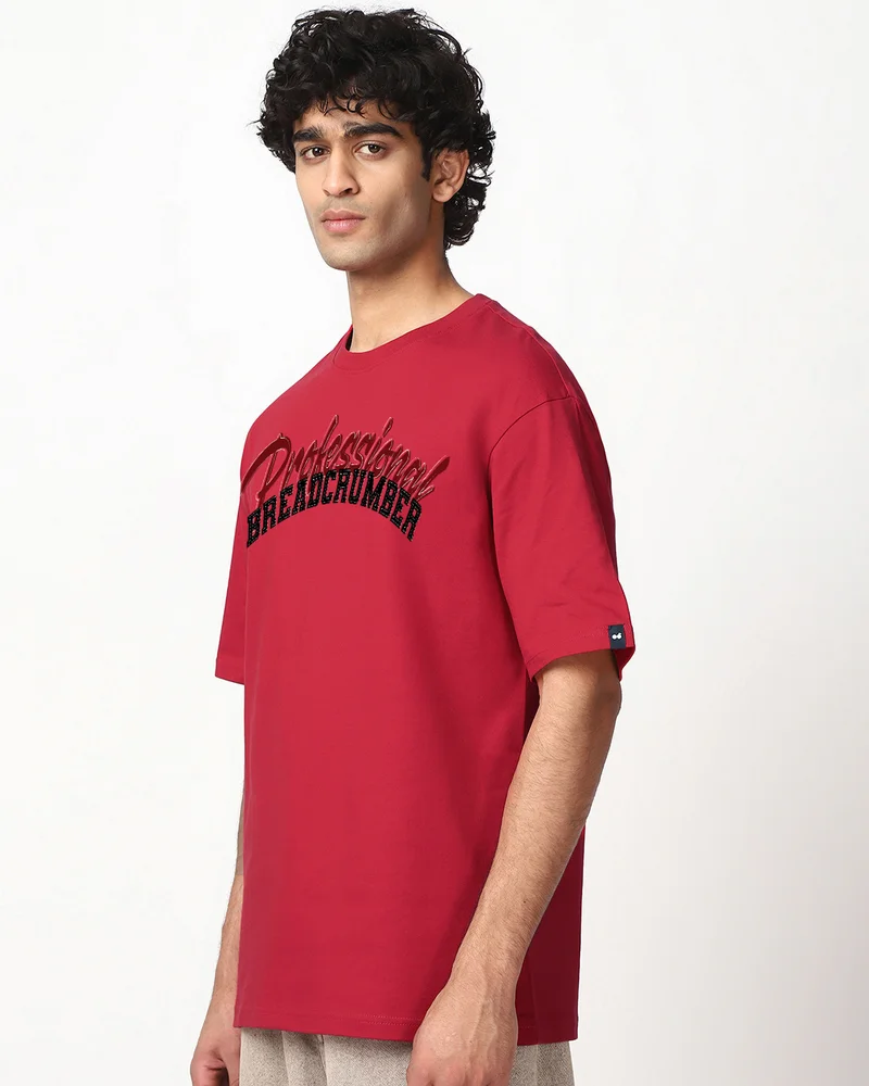 bewakoof Men's Bold Red Breadcrumber Typography Oversized T-shirt