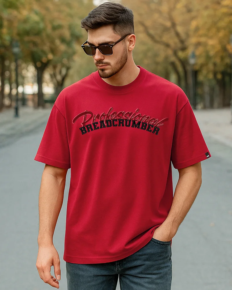 bewakoof Men's Bold Red Breadcrumber Typography Oversized T-shirt