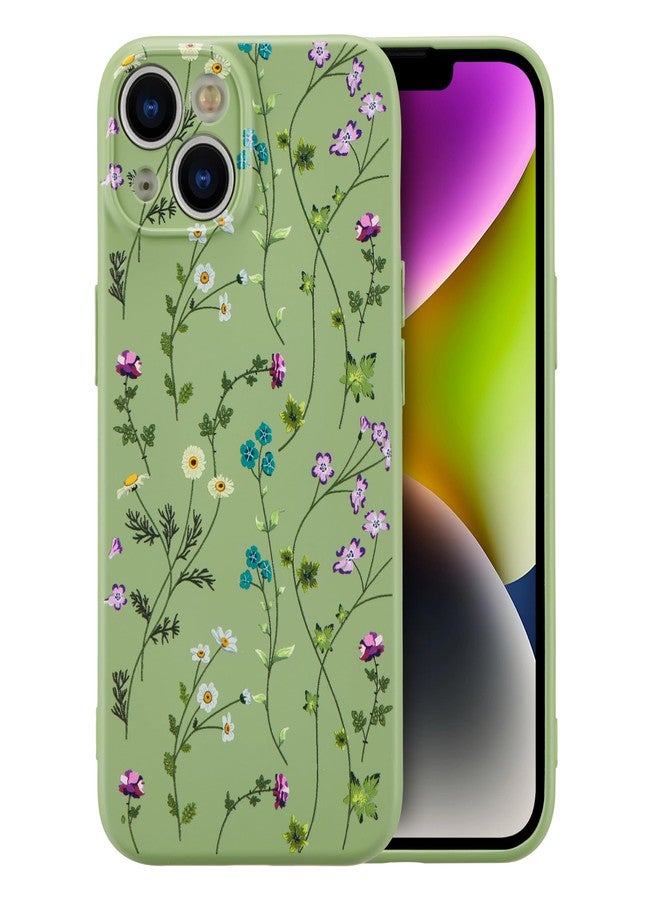 RALEAVO جراب RALEAVO بتصميم زهور لهاتف iPhone 14، غطاء حماية من السيليكون السائل المقاوم للصدمات، مناسب للفتيات والسيدات، بنقوش زهور جذابة وناعمة، جراب رفيع لهاتف iPhone 14 مقاس 6.1 بوصة - أخضر - Image 1