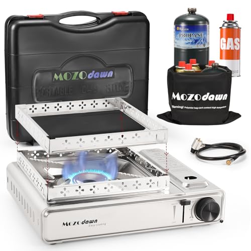 MOZODAWN Dual Fuel Camp Stove with Butane and Propane Compatibility, 10500 BTU Portable Camping Stove with Carrying Case, Storage Bag, Adapter Hose, Wind Guard, Outdoor Camping Essentials - Image 1