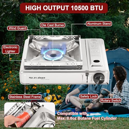MOZODAWN Dual Fuel Camp Stove with Butane and Propane Compatibility, 10500 BTU Portable Camping Stove with Carrying Case, Storage Bag, Adapter Hose, Wind Guard, Outdoor Camping Essentials - Image 4