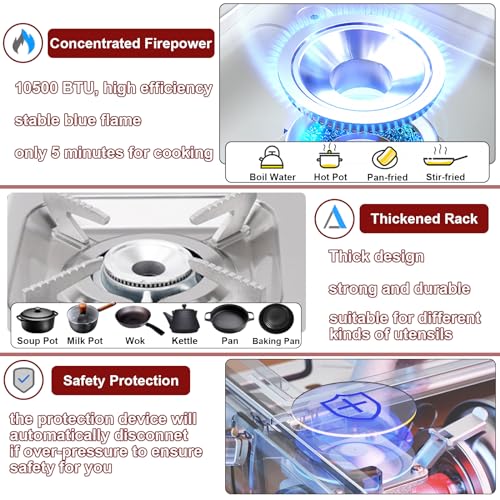 MOZODAWN Dual Fuel Camp Stove with Butane and Propane Compatibility, 10500 BTU Portable Camping Stove with Carrying Case, Storage Bag, Adapter Hose, Wind Guard, Outdoor Camping Essentials - Image 2