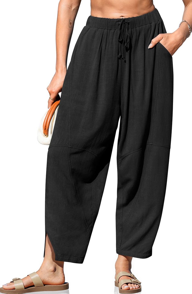 TARSE Womens Linen Wide Leg Pants Casual Loose Drawstring Summer Beach Palazzo Harem Pants with Pockets 2025(Black,M) - Image 1