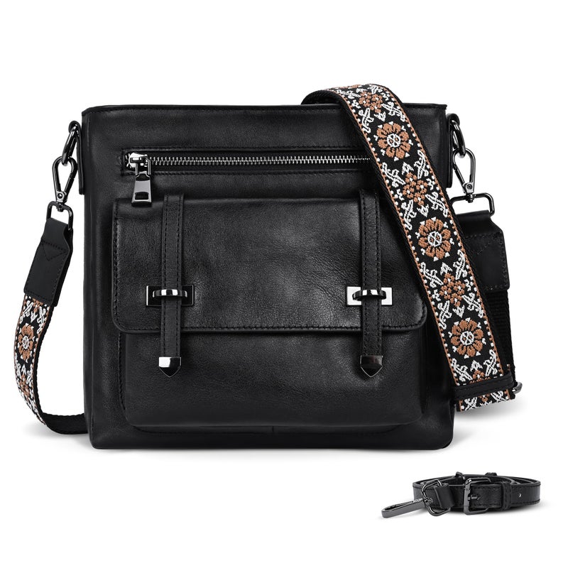 Iswee Soft Leather Crossbody Bags for Women Shoulder Handbags Multi Pocket Travel Purse with Adjustable Strap Medium Size (Black) - Image 1