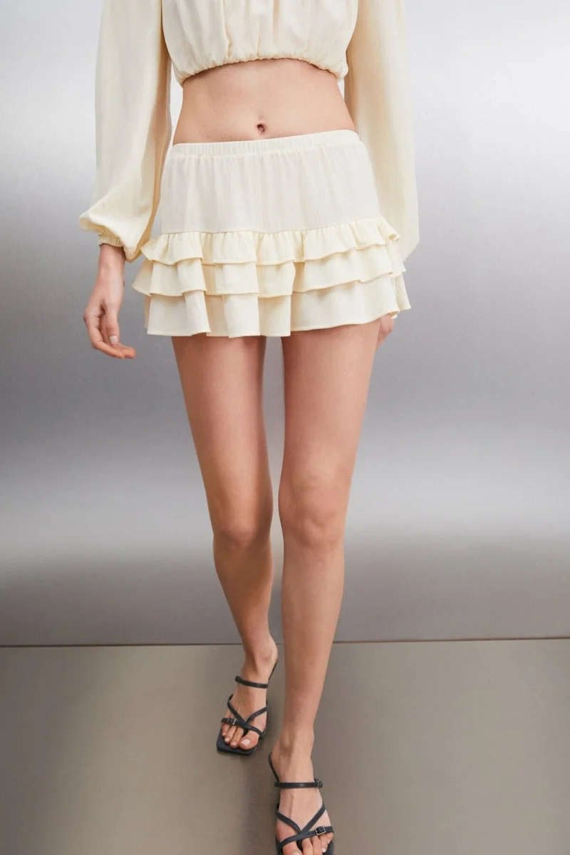 GRIMELANGE Amalara Women's 3 Layered Ruffle Elastic Waist Knitted Ecru Skirt