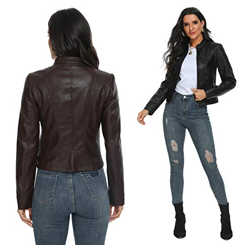 Fahsyee Faux Leather Jacket for Women, Moto Biker Slim Vegan MotorcycleZipper Coat Outwear, Black, Size M - Image 4