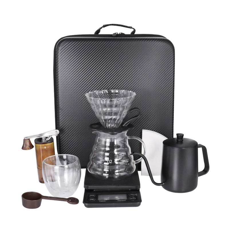 SOTECH Pour Over Coffee Maker Set Coffee Kettle Scale Pour Over Coffee Dripper Bean Grinder Glass Server Drip Cup Filter Paper All in 1 Traveling Camping Hiking