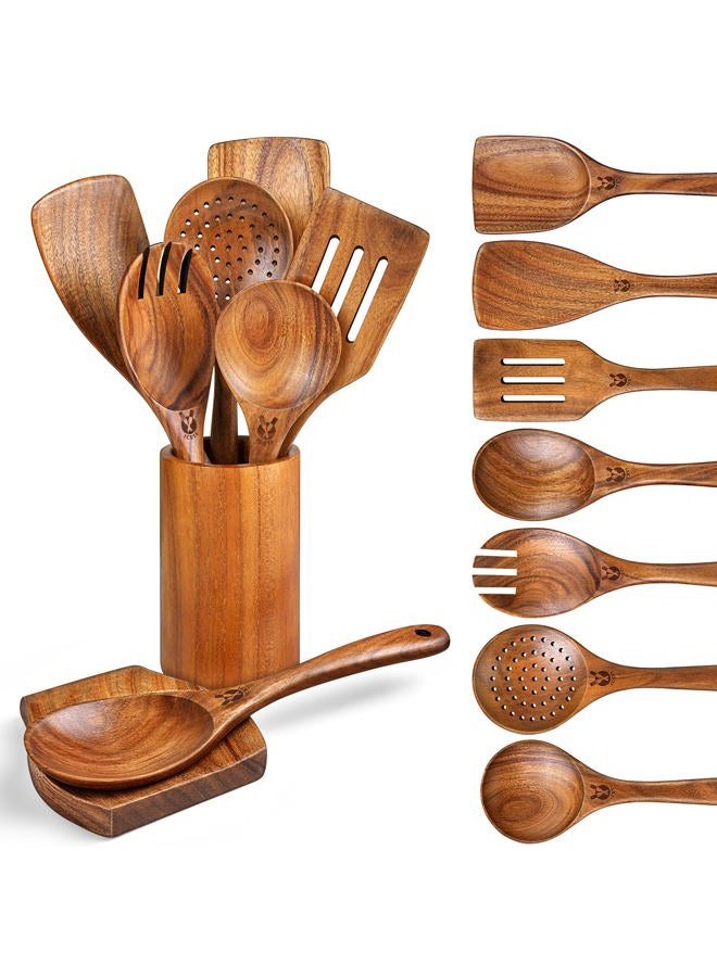 ICSTI Wooden Spoons for Cooking, 9 Pcs Natural Teak Wooden Utensil Set with Spoon Rest, Comfortable Grip Wooden Cooking Utensils Set with Holder for Nonstick Cookware, Sturdy, Lightweight & Heat Resistant - Image 1