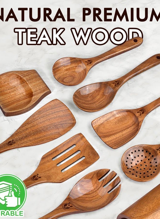 ICSTI Wooden Spoons for Cooking, 9 Pcs Natural Teak Wooden Utensil Set with Spoon Rest, Comfortable Grip Wooden Cooking Utensils Set with Holder for Nonstick Cookware, Sturdy, Lightweight & Heat Resistant - Image 2