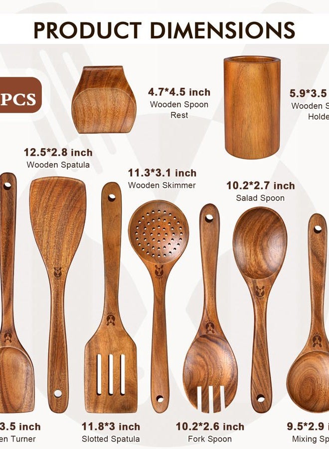 ICSTI Wooden Spoons for Cooking, 9 Pcs Natural Teak Wooden Utensil Set with Spoon Rest, Comfortable Grip Wooden Cooking Utensils Set with Holder for Nonstick Cookware, Sturdy, Lightweight & Heat Resistant - Image 3