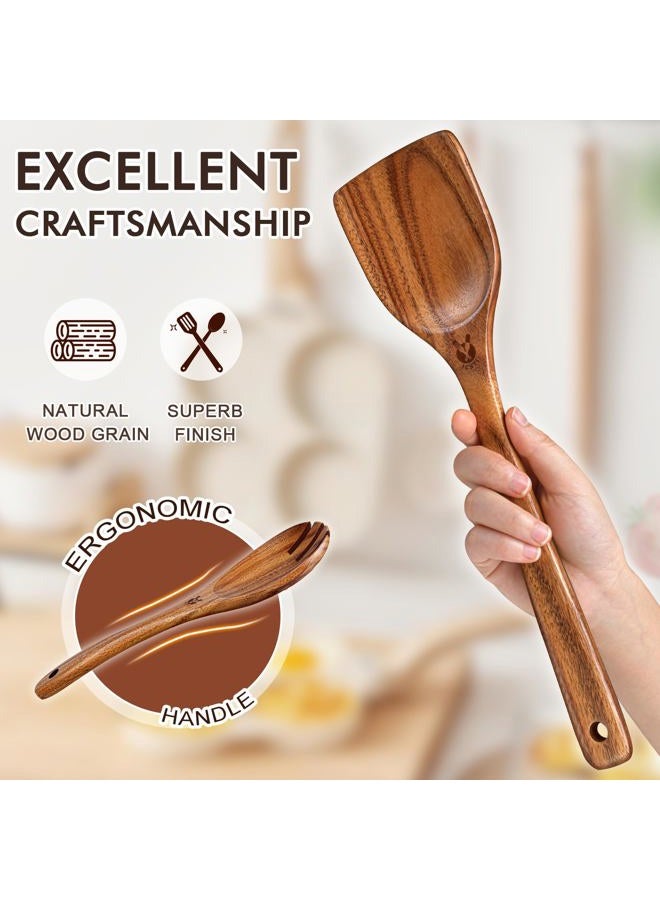 ICSTI Wooden Spoons for Cooking, 9 Pcs Natural Teak Wooden Utensil Set with Spoon Rest, Comfortable Grip Wooden Cooking Utensils Set with Holder for Nonstick Cookware, Sturdy, Lightweight & Heat Resistant - Image 5