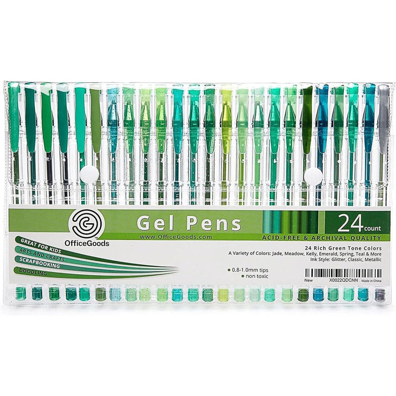OfficeGoods Green Gel Pens with Ink Refills, 24 pack Metallic, Glitter, Classic Colors - 0.8-1.0 mm Medium Tip for Writing, Coloring Books, and Journaling - Image 1