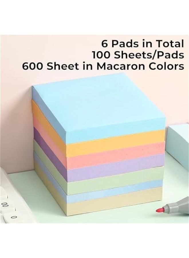 Arabest 6 Bright Colors Sticky Notes 3x3 inch - Strong Adhesive, Easy to Post for Home or Office, Notebook, Markers - 100 Sheets per Pad, Total 600 Sheets  - Image 2