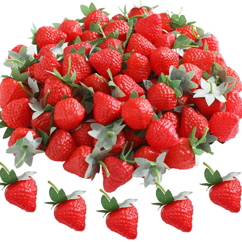 Joeabor 100 Pieces Fake Strawberries Fake Fruit Artificial Strawberry Kitchen Dcor Plastic Strawberry Party Decorations Realistic Fake Food Lifelike for Display Photography Props