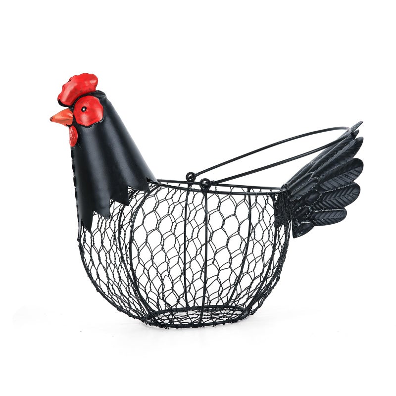 FJAXLJGYP Chicken Egg Basket, Egg Collecting Baskets,Metal Wire Egg Basket with Handle, Farmhouse Chicken Decor, Rustic Black Rooster Chicken Shaped Fruit Bowl Countertop Holder for Home Kitchen Decoration - Image 1