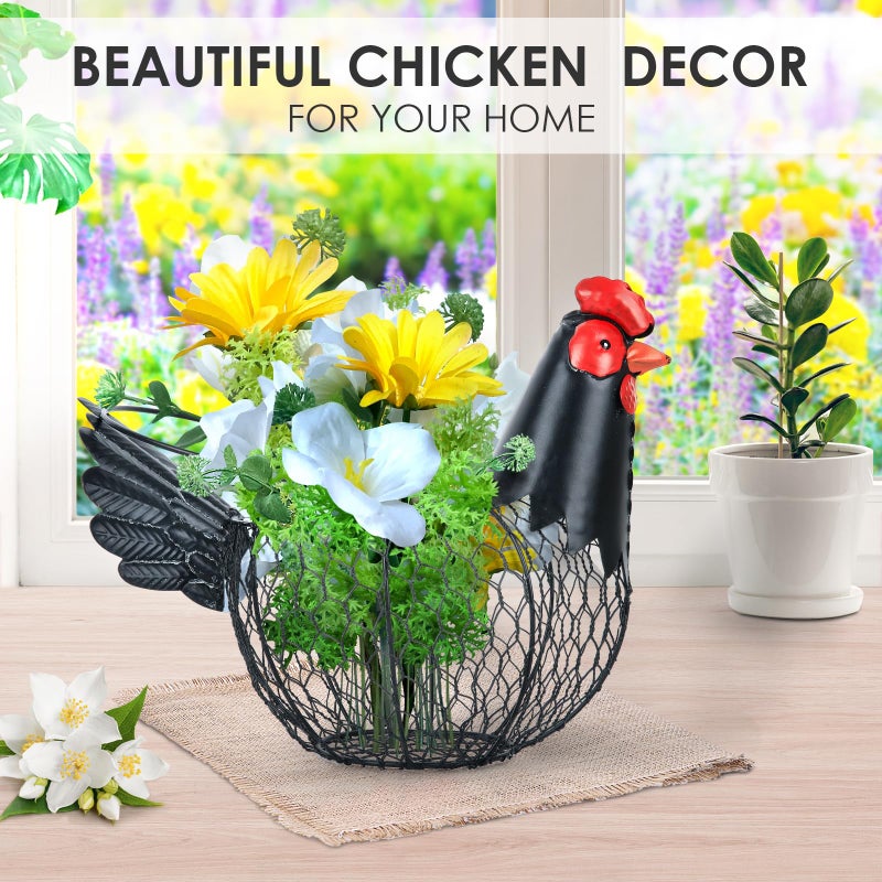 FJAXLJGYP Chicken Egg Basket, Egg Collecting Baskets,Metal Wire Egg Basket with Handle, Farmhouse Chicken Decor, Rustic Black Rooster Chicken Shaped Fruit Bowl Countertop Holder for Home Kitchen Decoration - Image 4
