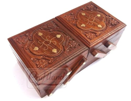 Craftland wooden Jewellery Box (Brass n Carving) for Women/girls Flip Flap Handmade Gift, 8 Inches … - Image 1