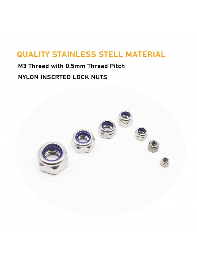 binifiMux 100Pcs M3 x 0.5mm Lock Nuts, 304 Stainless Steel Self-Lock Nylon Inserted 3mm Lock Nuts, M3 Nylock Nuts, 3mm Locking Nuts for RC Model, 3D Printer - Image 1