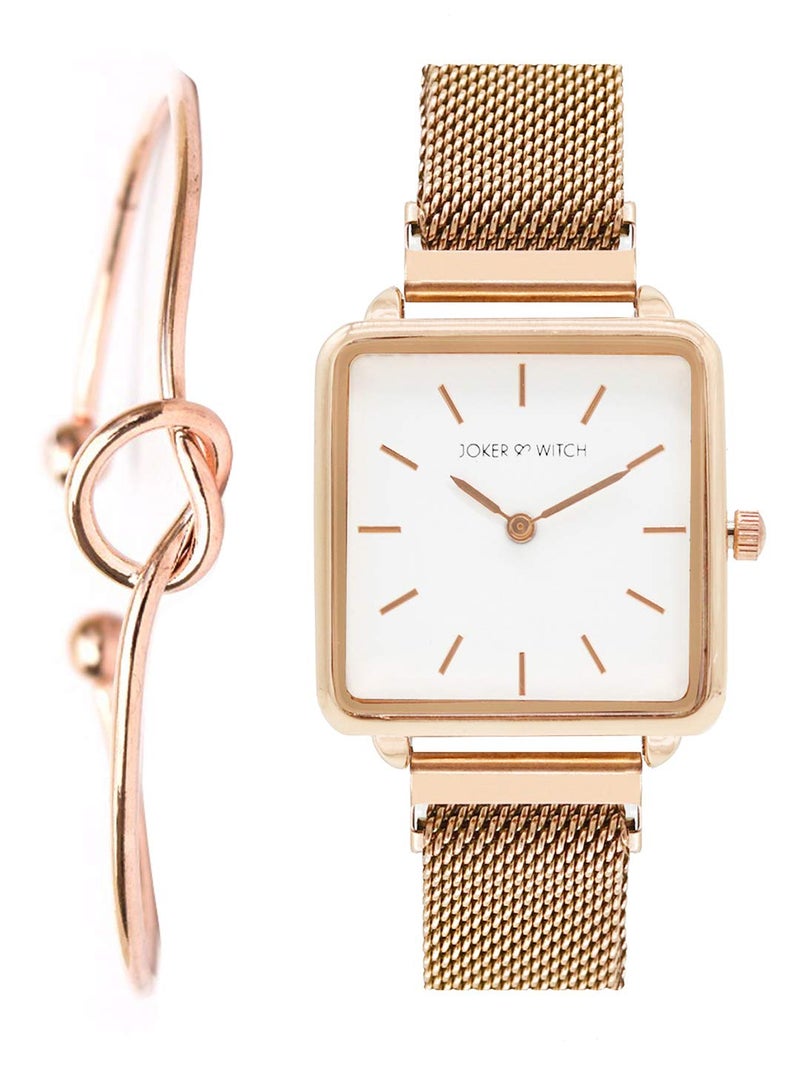 Joker & Witch Stainless Steel Glow Rosegold Analogue Watch Bracelet Set For Women, White Dial, Rose Gold Band - Image 1