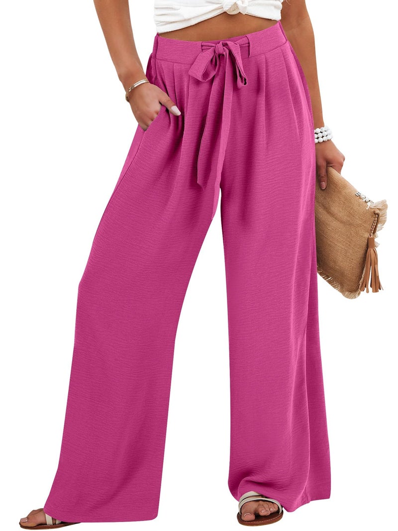 Caracilia Wide Leg Palazzo Pants for Women Summer High Waist Flowy Loose Casual Lounge Trousers Beach Travel Vacation Clothes Hot Pink Small - Image 1