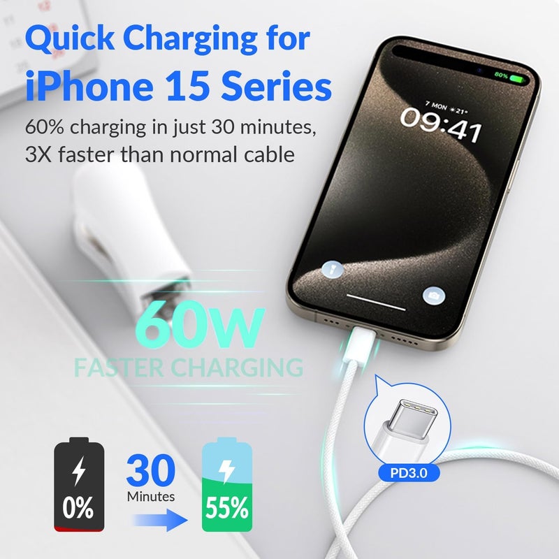 ONE TO FOUR USB C to USB C Cable 1 M, 60W Braided, Faster Charging Cord, Power Delivery PD Cable Type C, Compatible with iPhone 15/15 Pro/15 Plus/15 Pro Max,iPad Mini/Pro, MacBook Pro/Air, White - Image 2